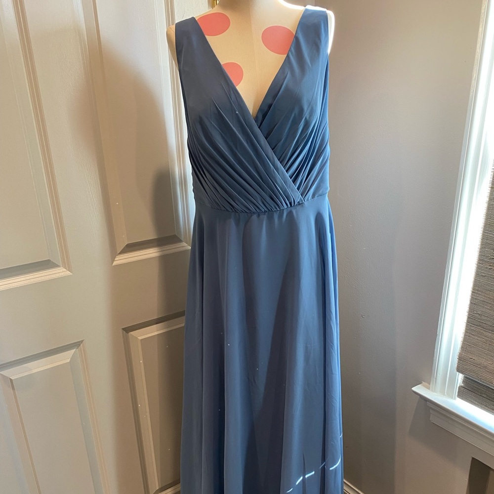 Vneck David’s Bridal Steel Blue long bridesmaid dress